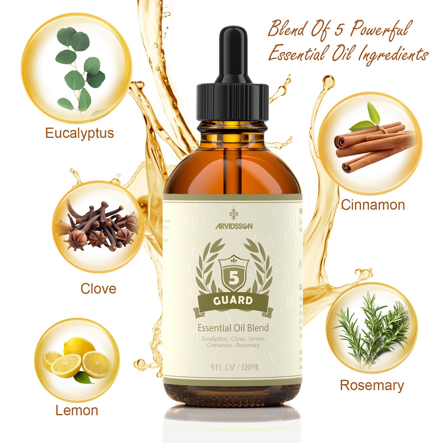 Close-up of Five Guard blend ingredients: clove, eucalyptus, lemon, cinnamon, rosemary.