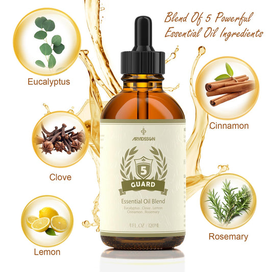 Close-up of Five Guard blend ingredients: clove, eucalyptus, lemon, cinnamon, rosemary.