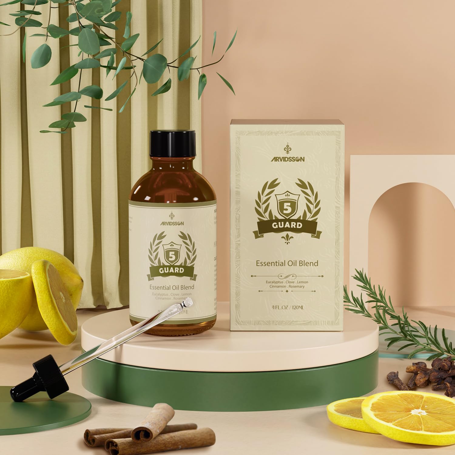 Natural ingredients representing Clove, Lemon, Cinnamon, Eucalyptus and Rosemary.