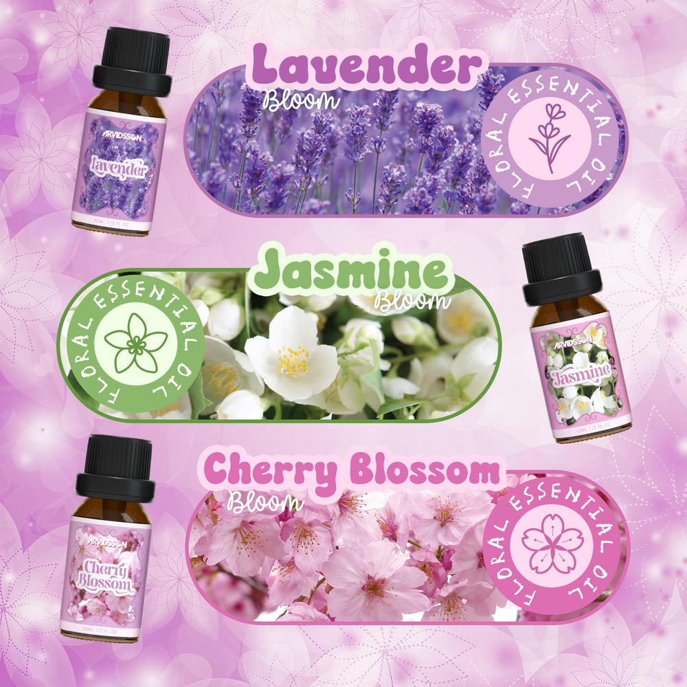 Cherry blossom essential oil bottle with pink blossoms