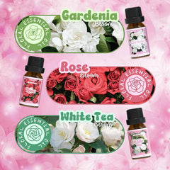 Gardenia essential oil bottle with green leaves