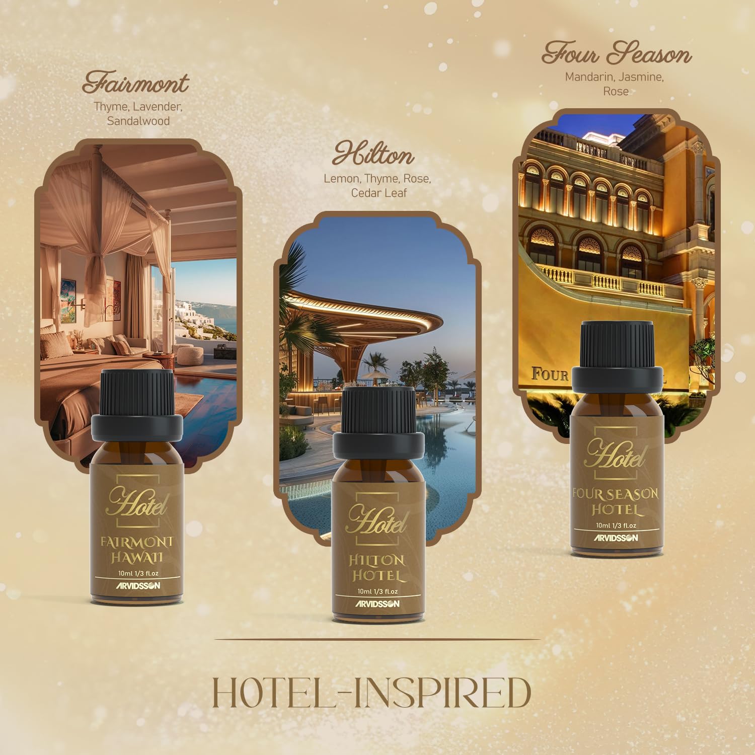 Amber-dropper bottles with ARVIDSSON hotel fragrance oils for DIY