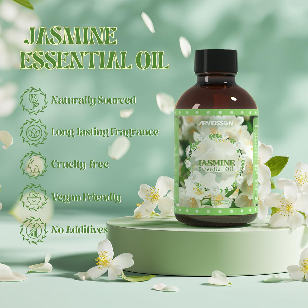 Close-up of Jasmine essential oil bottle label