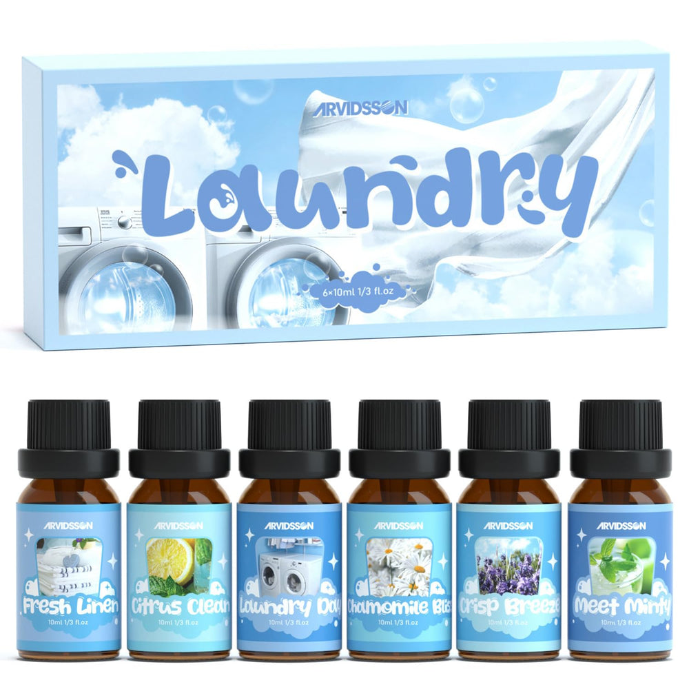 ARVIDSSON Laundry Collection packaging featuring six essential oil bottles