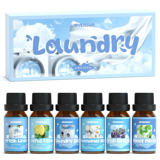 ARVIDSSON Laundry Collection packaging featuring six essential oil bottles