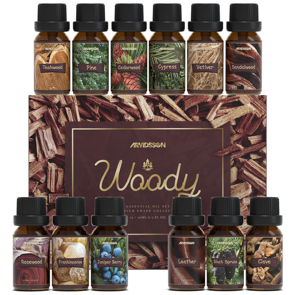 ARVIDSSON Woody Essential Oils Set bottles display - Cedarwood and Sandalwood