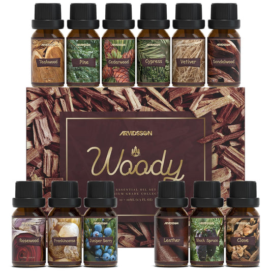 ARVIDSSON Woody Essential Oils Set bottles display - Cedarwood and Sandalwood