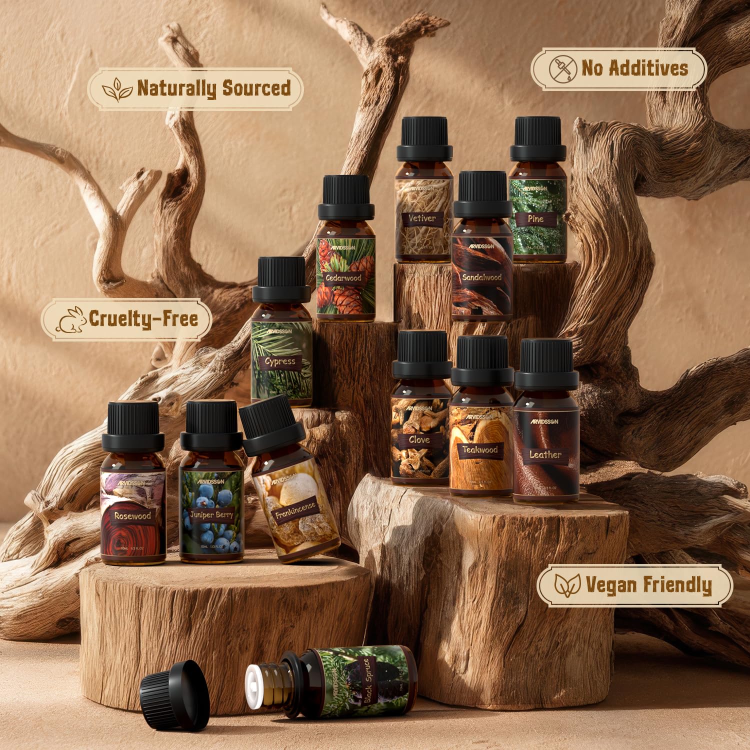 Close up of 10ml woodsy essential oil bottles in gift set