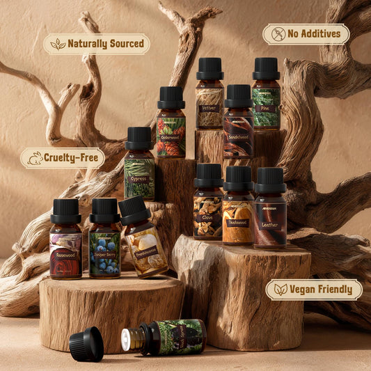 Close up of 10ml woodsy essential oil bottles in gift set