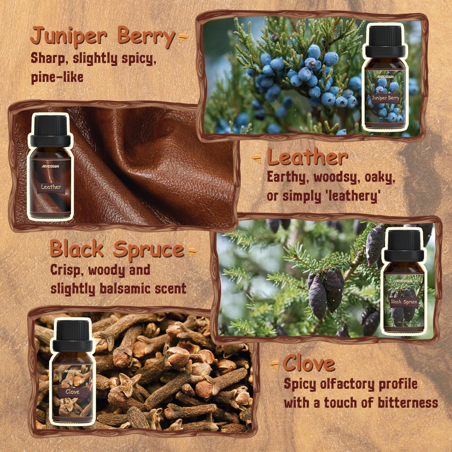 Frankincense, Clove and other oils in glass bottles from ARVIDSSON set