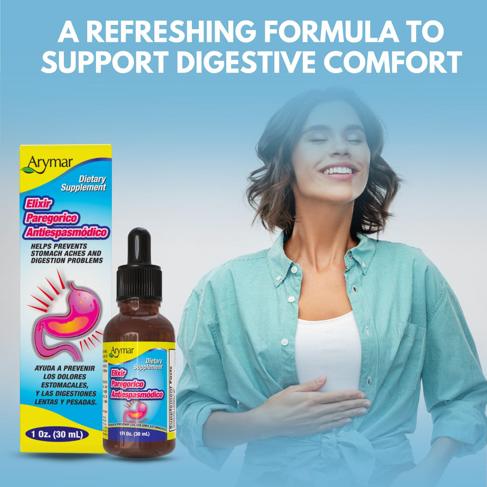 Compact 1 oz bottle packaging for Arymar Elixir Paregorico Antiespasmodico