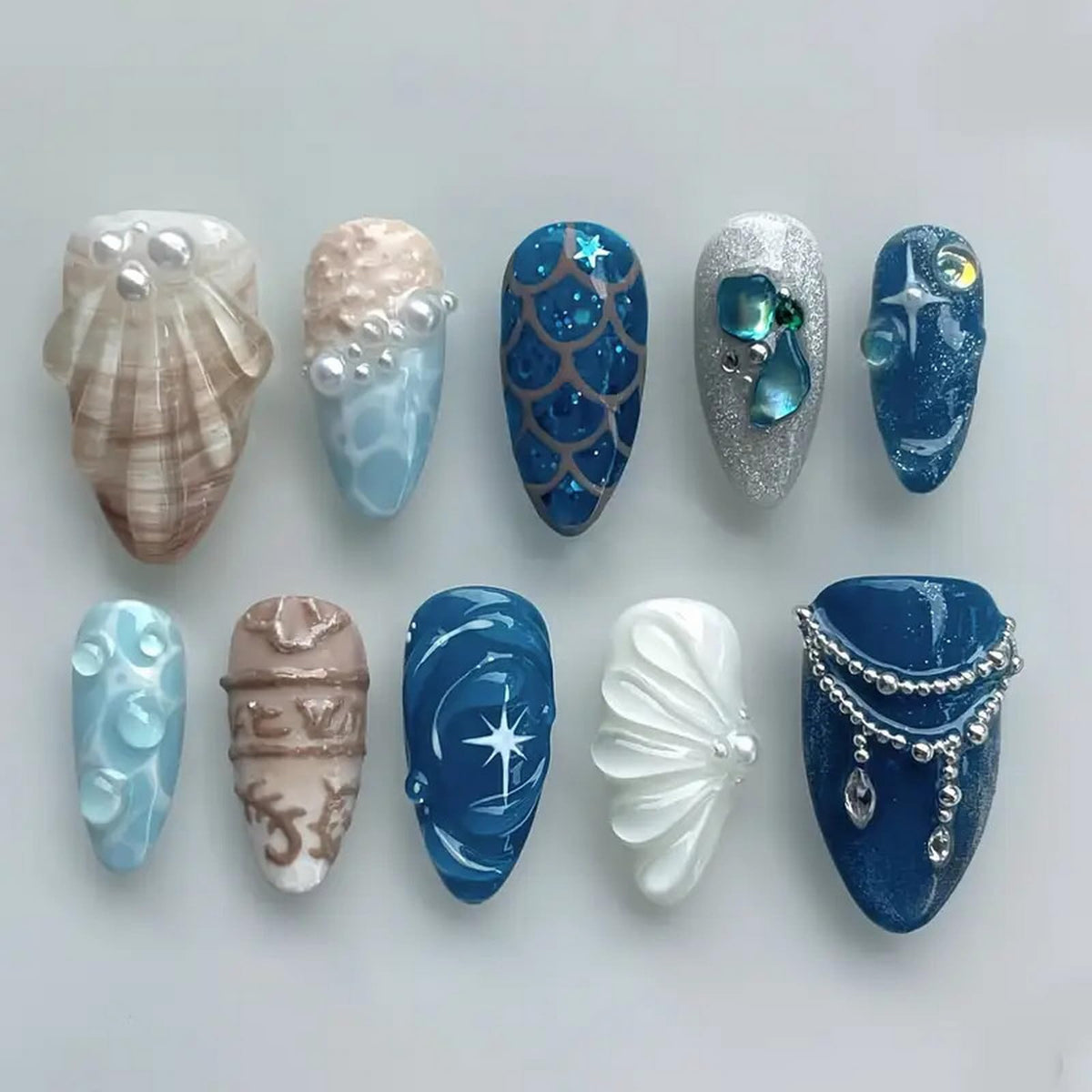 ASABITE blue almond press-on nails with 3D pearl rhinestones for elegant day wear.