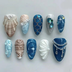 ASABITE blue almond press-on nails with 3D pearl rhinestones for elegant day wear.