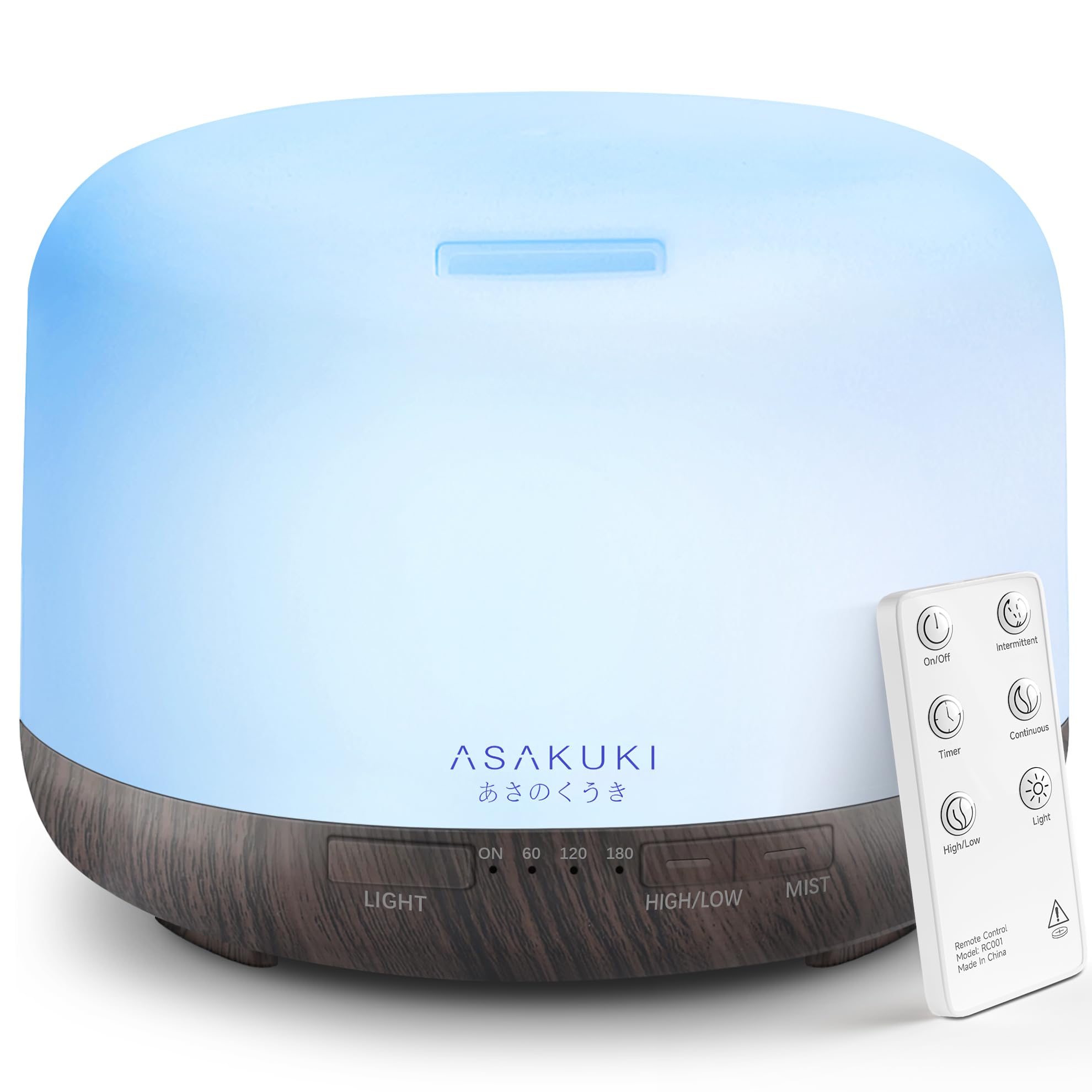 ASAKUKI 500ml essential oil diffuser with remote in brown finish, 5-in-1 aromatherapy device.