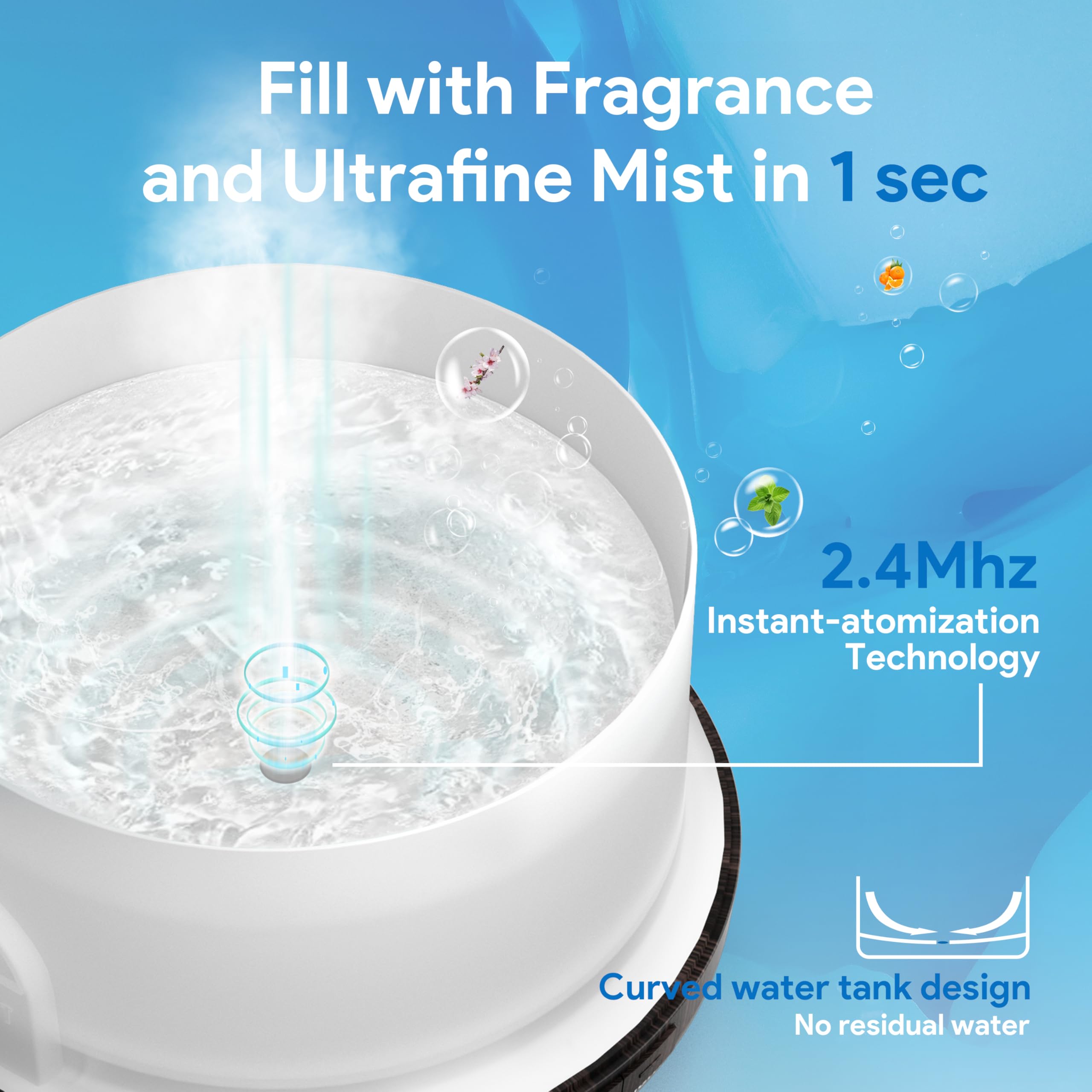 Close up of mist from ASAKUKI 500ml diffuser with water tank visible.