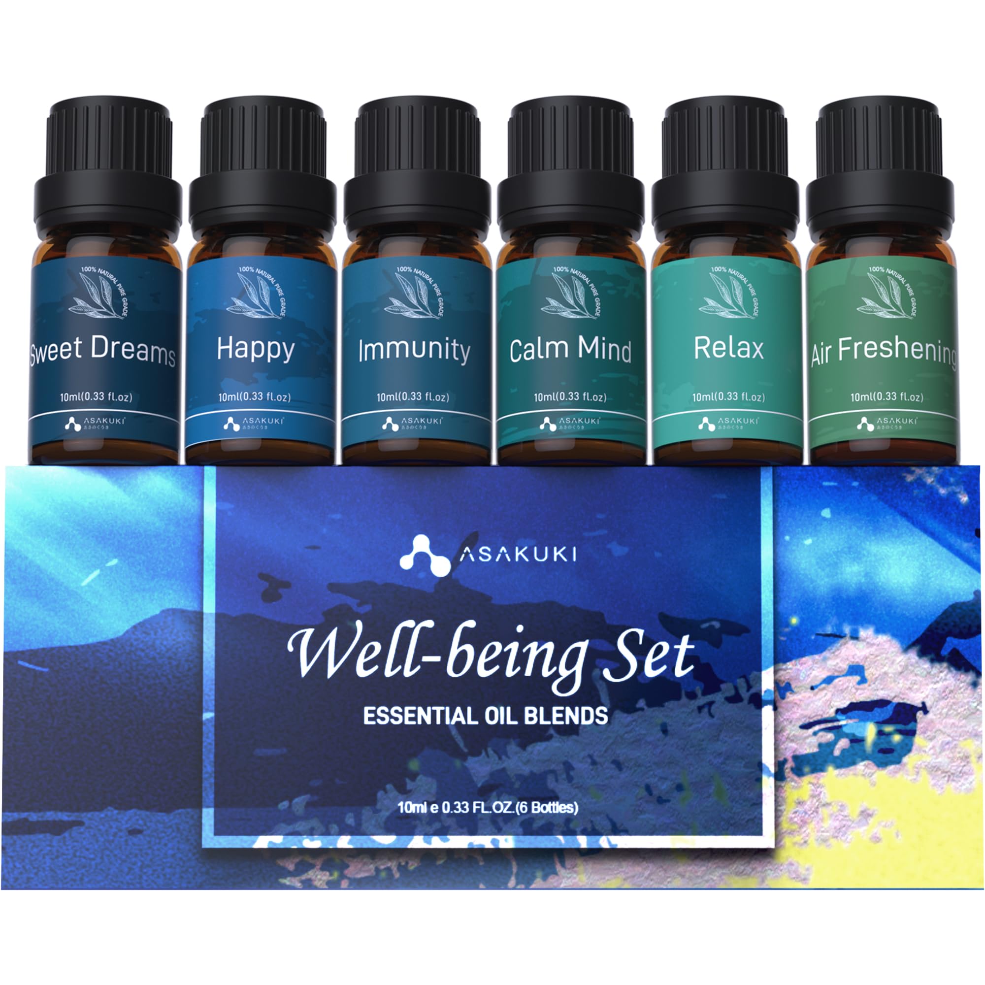 ASAKUKI Well-Being Kit packaging box with six amber diffuser oil bottles