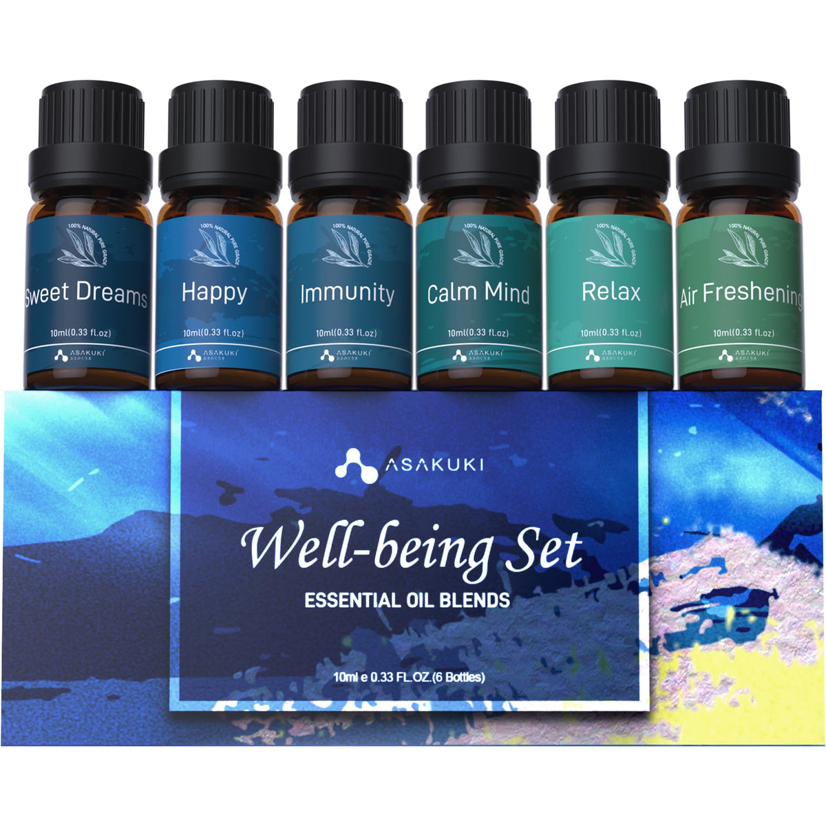 ASAKUKI Well-Being Kit packaging box with six amber diffuser oil bottles