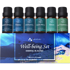 ASAKUKI Well-Being Kit packaging box with six amber diffuser oil bottles