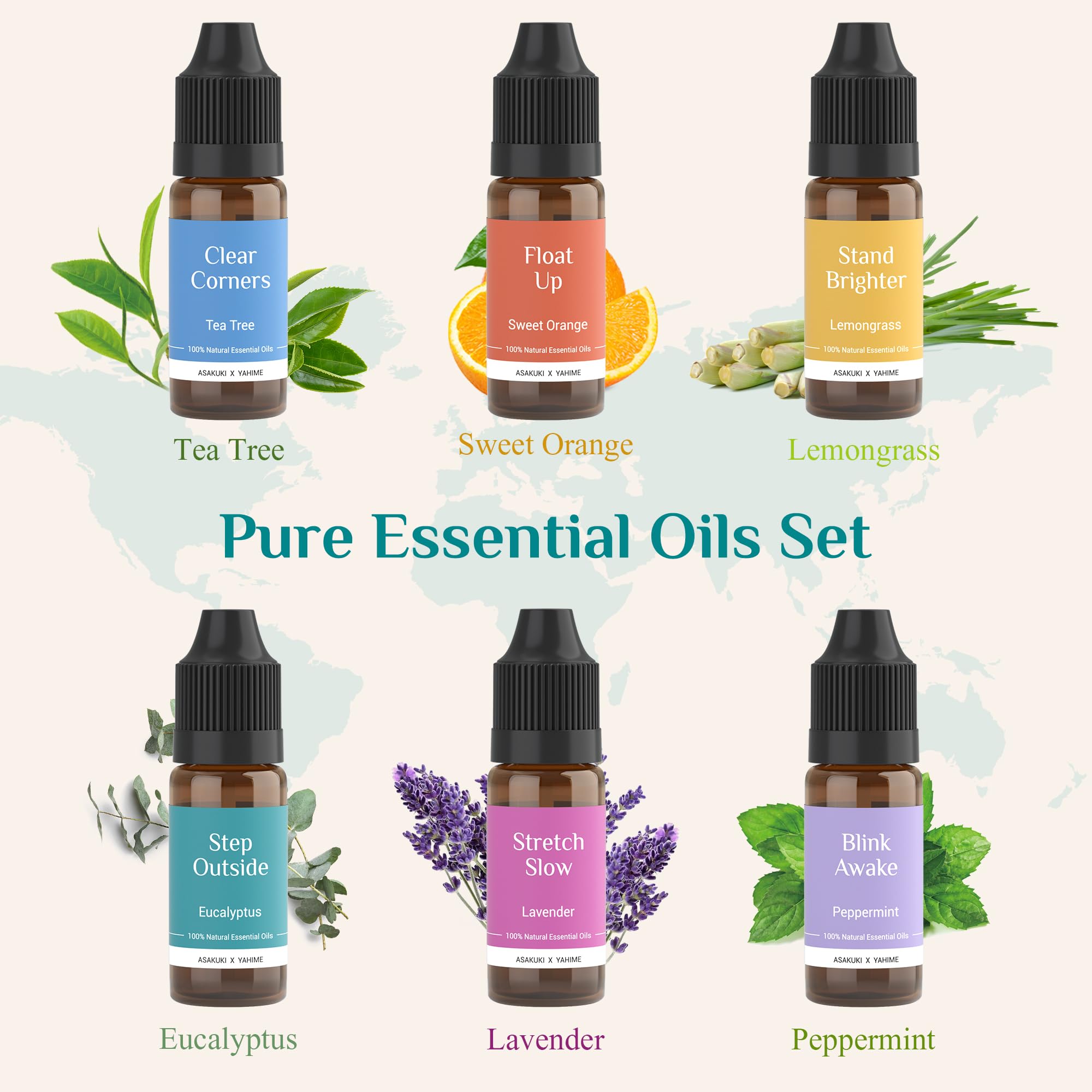 Lavender, peppermint, eucalyptus, tea tree, lemongrass, orange oils