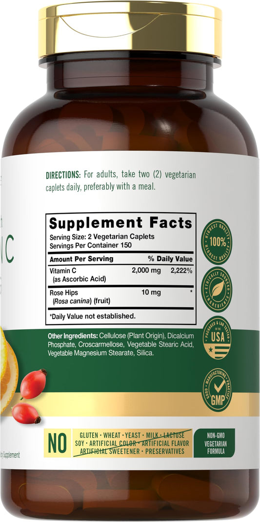 Ascorbic acid with wild rose hips ingredients close-up