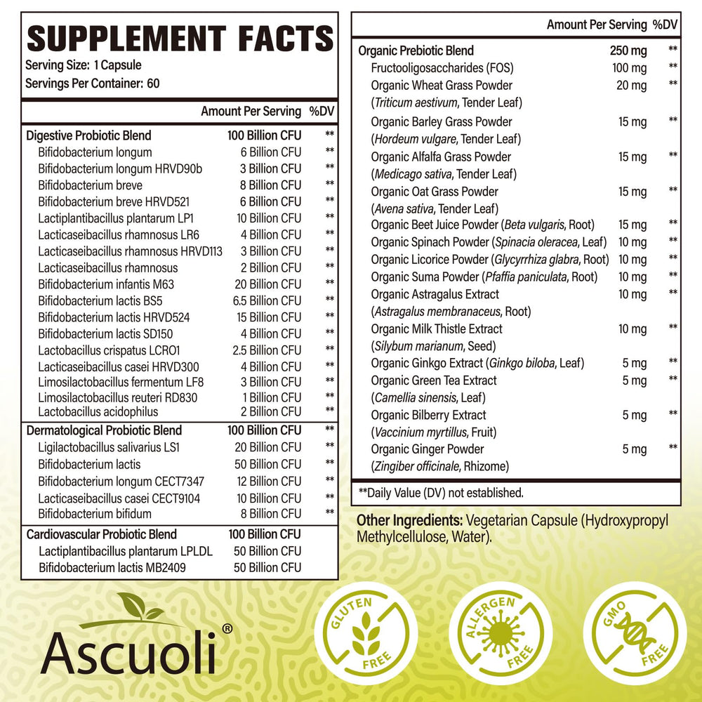 Ascuoli bottle showing 24 probiotic strains for balanced digestion