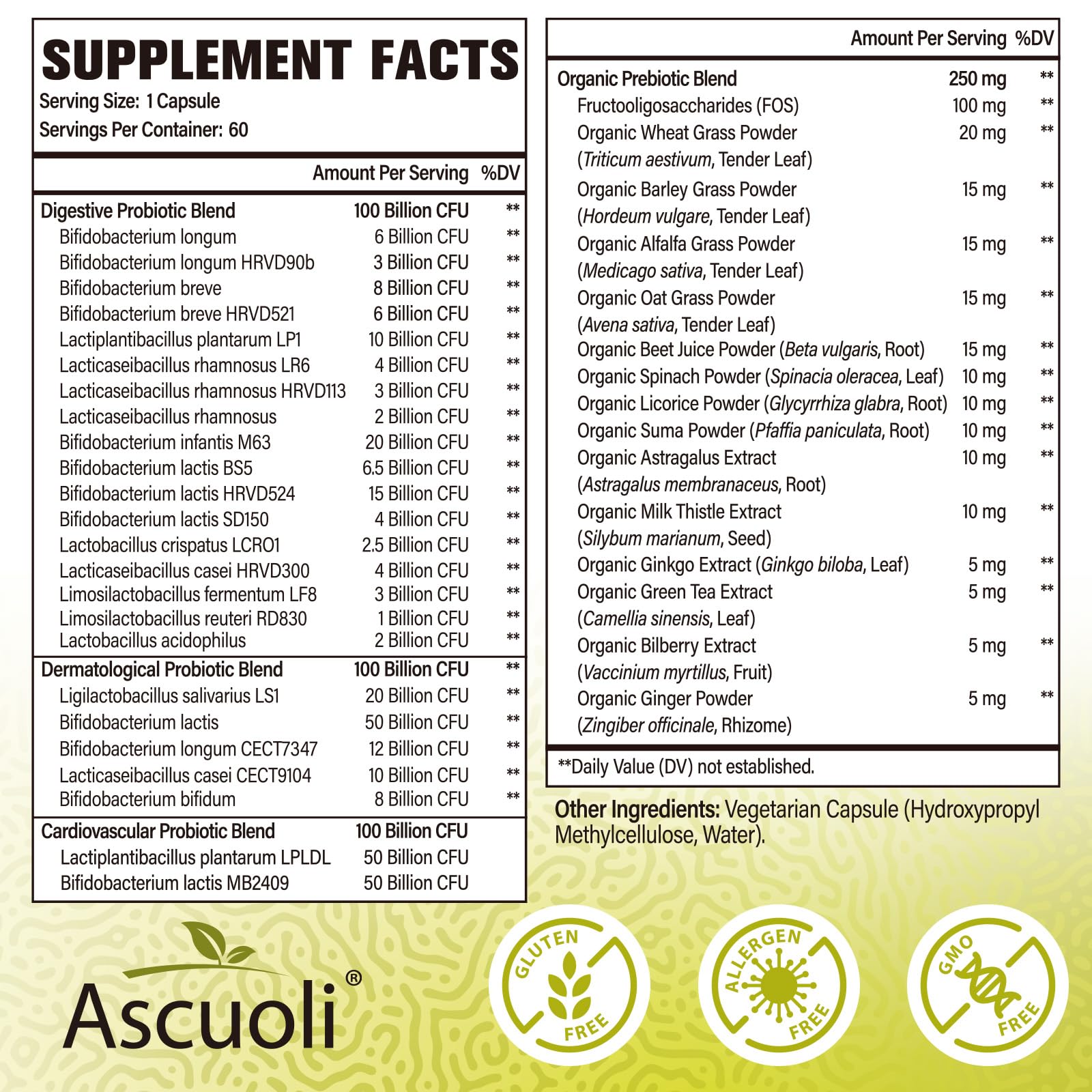 Ascuoli Probiotics capsule close-up highlighting easy daily dose