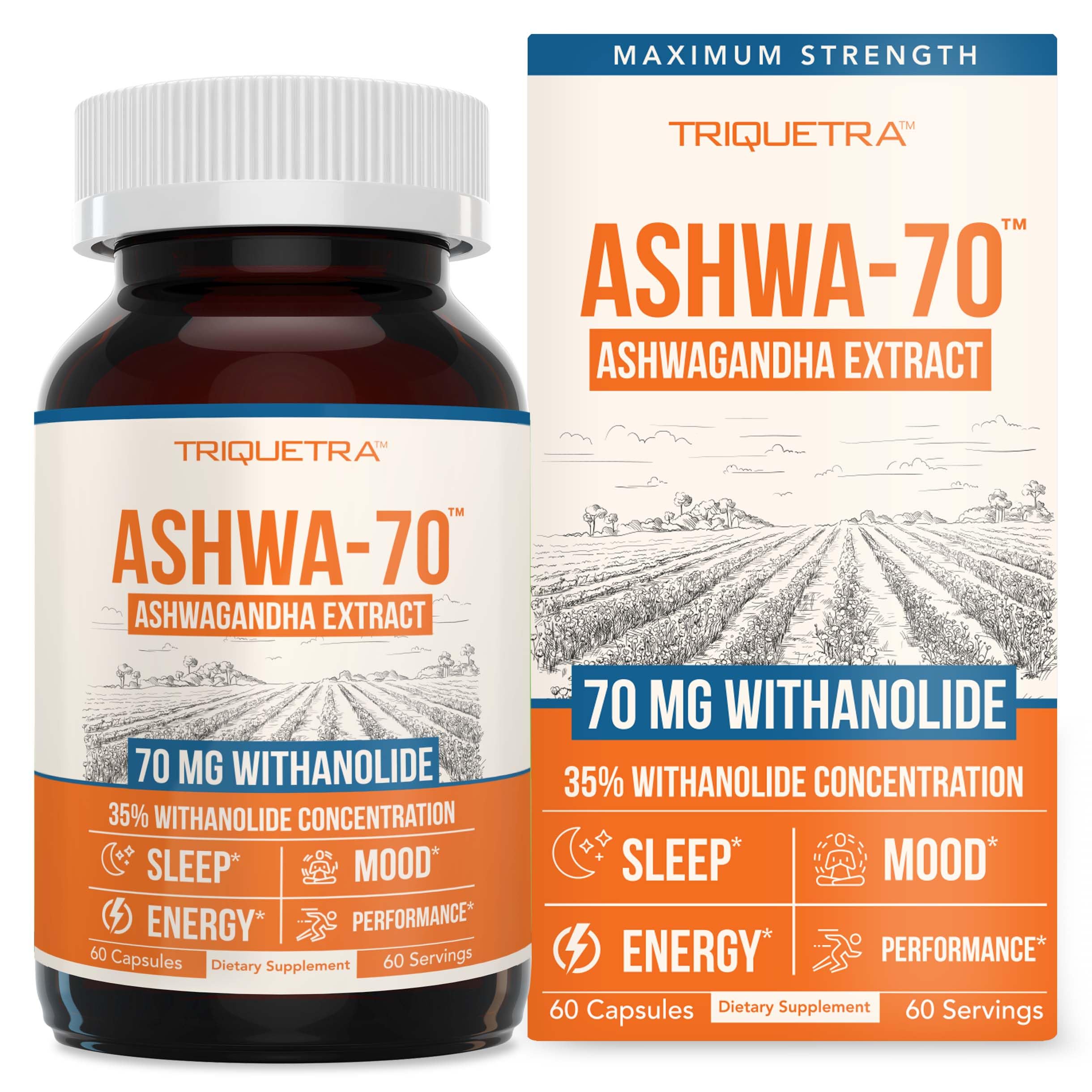 Ashwa-70 Ashwagandha extract bottle with 60 capsules on white background