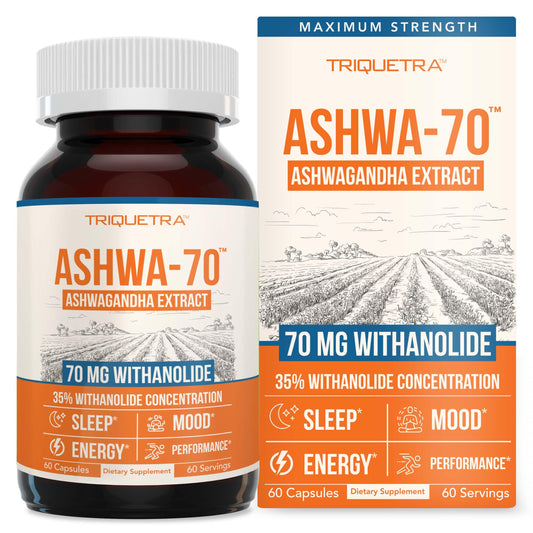 Ashwa-70 Ashwagandha extract bottle with 60 capsules on white background
