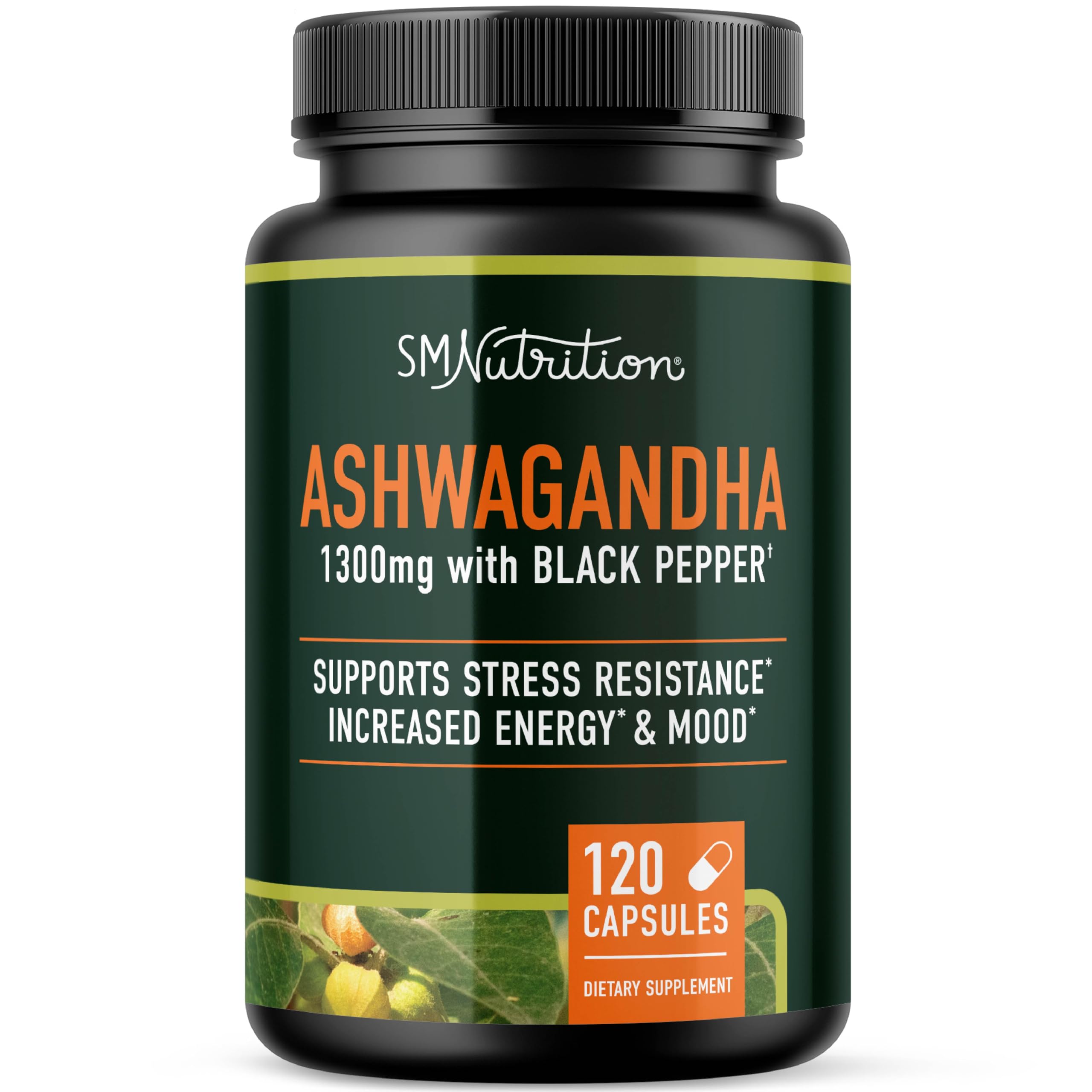 Ashwagandha 1300mg bottle illustrating stress resistance