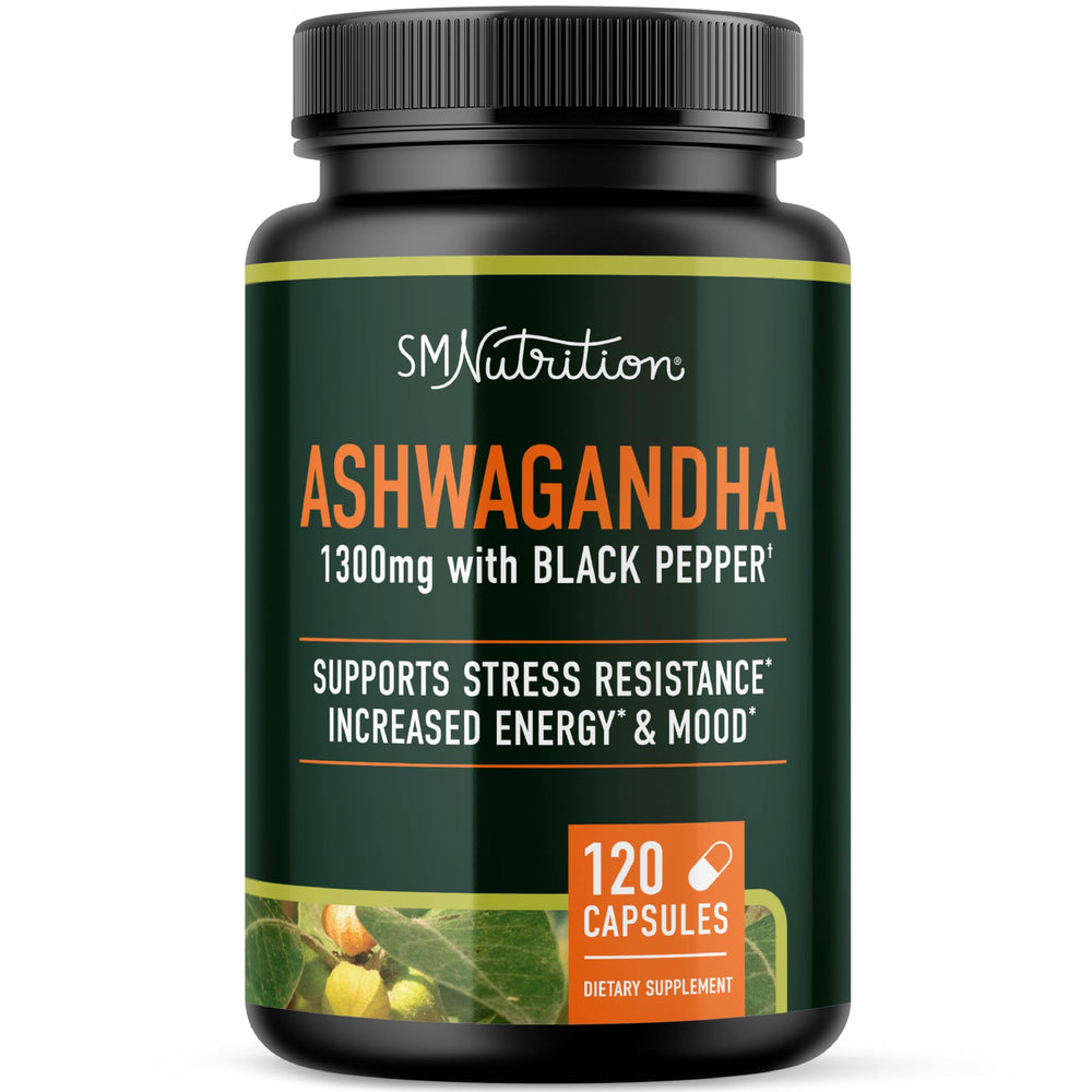 Ashwagandha 1300mg bottle illustrating stress resistance