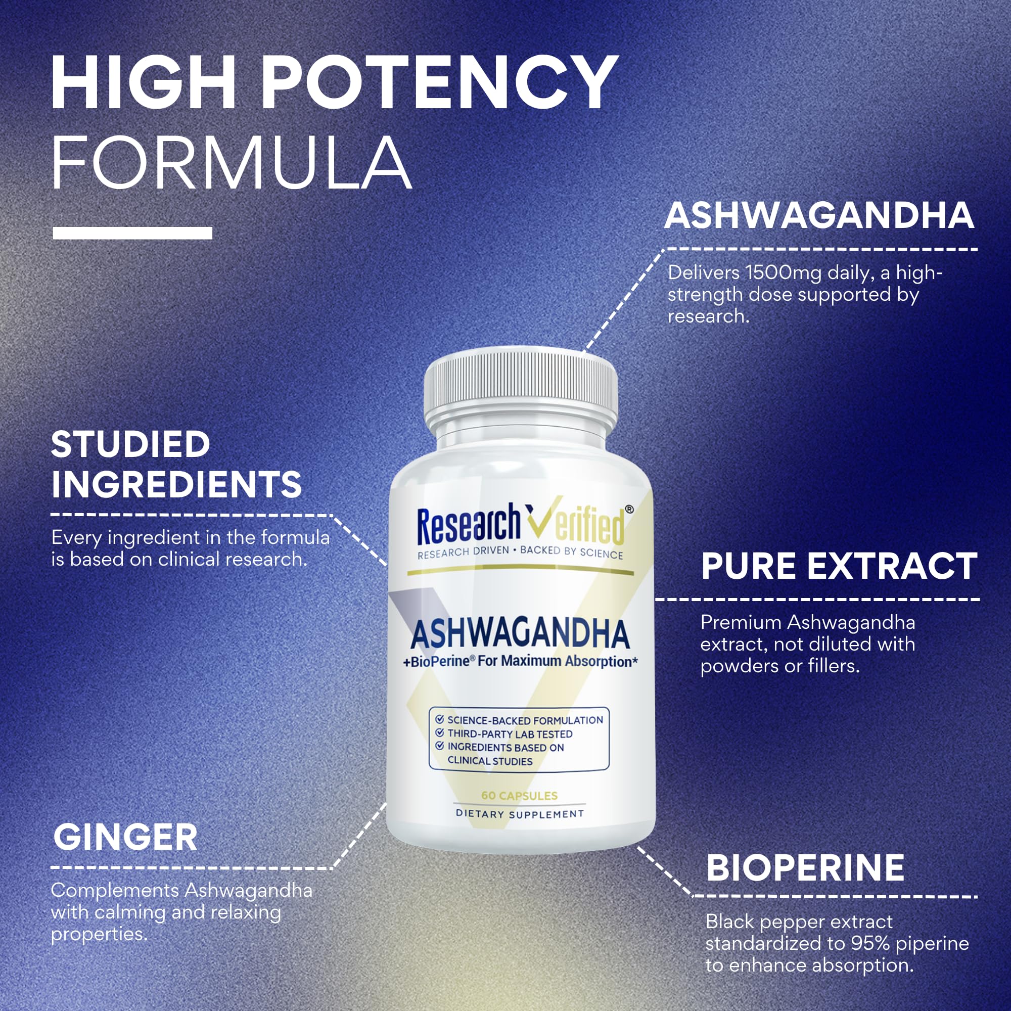 Vegan-friendly Ashwagandha capsules in bottle on white background