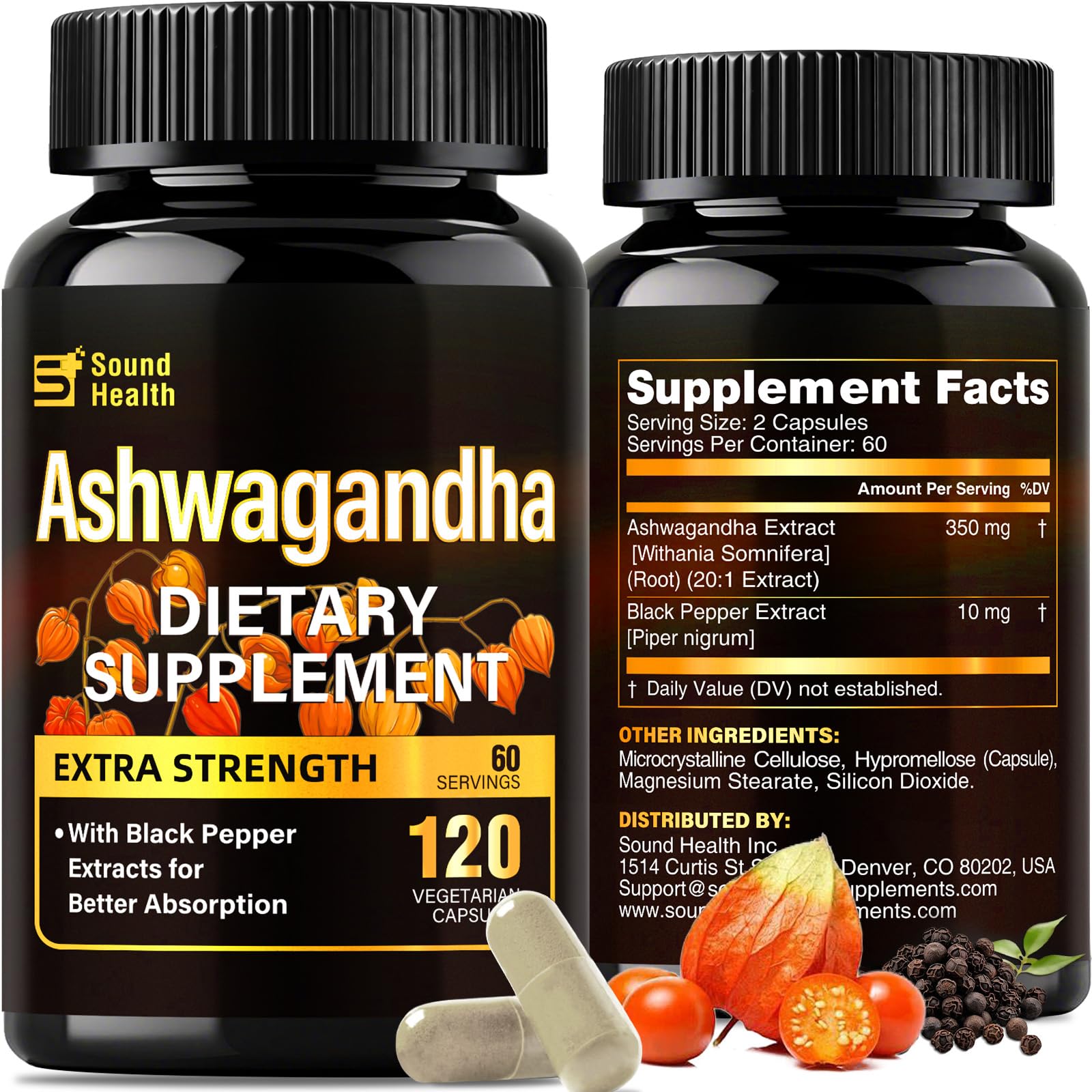 Front view of Soundhealth 7000mg Ashwagandha 20:1 extract bottle with 120 capsules