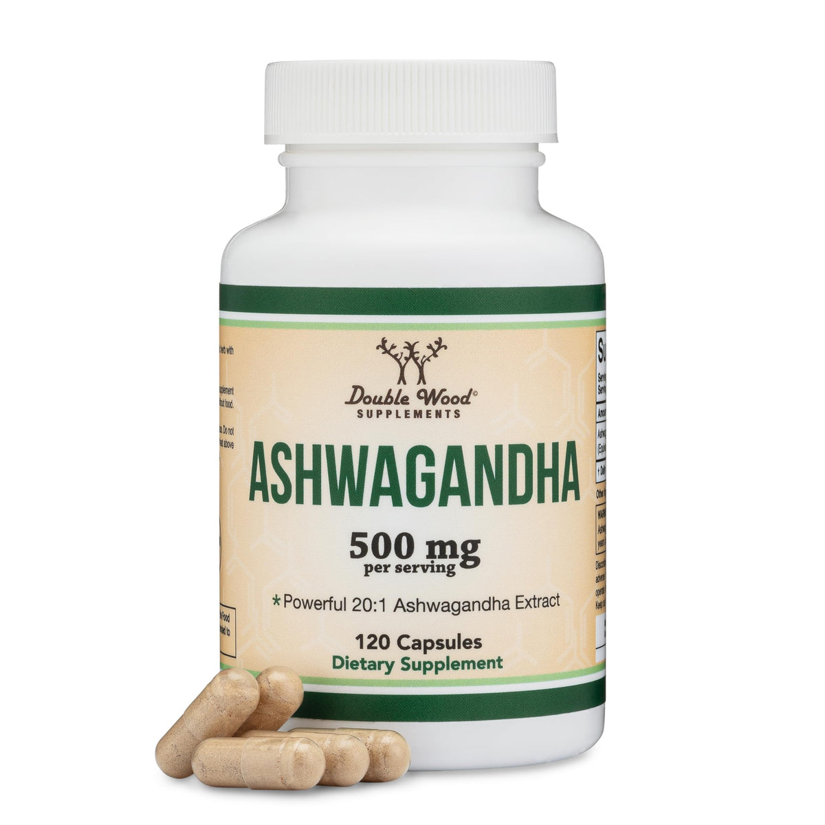 Ashwagandha capsules bottle displaying 120-count and 500mg 20:1 extract