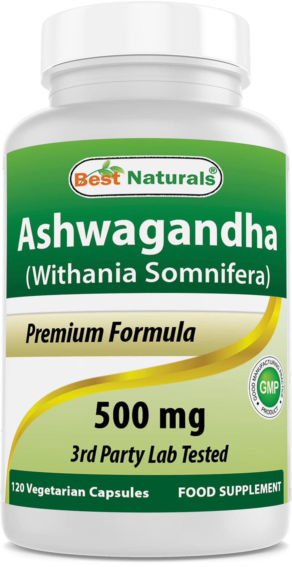 Front view of Best Naturals Ashwagandha 500 mg bottle