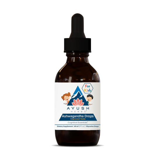 Ayush Herbs Ashwagandha Drops bottle with lemon flavor for kids and adults