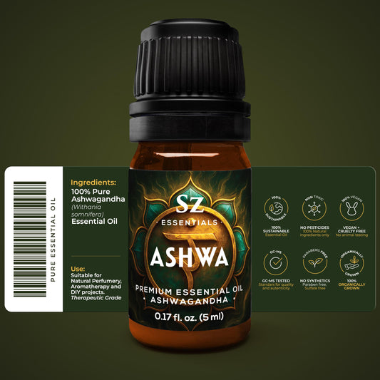 5ml Ashwagandha Essential Oil dropper on wooden surface