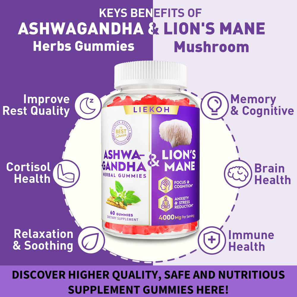 Gummies bottle with four adaptogenic herbs: ashwaganda, lion's mane, bacopa, rhodiola, holy basil