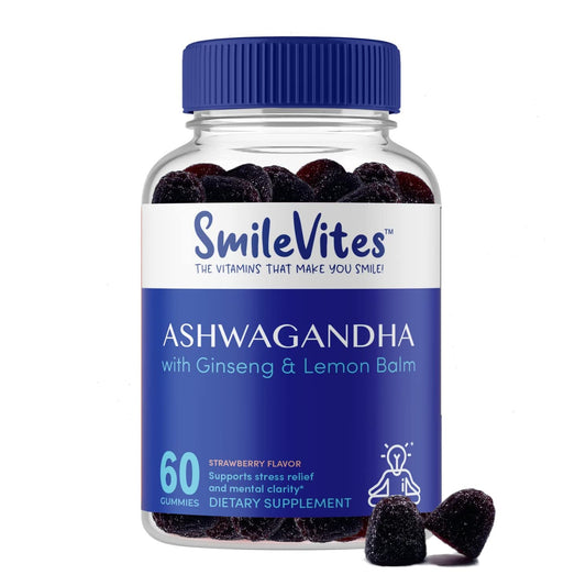 Ashwagandha Gummies with Ginseng & Lemon Balm – Strawberry flavor bottle – 60 count.