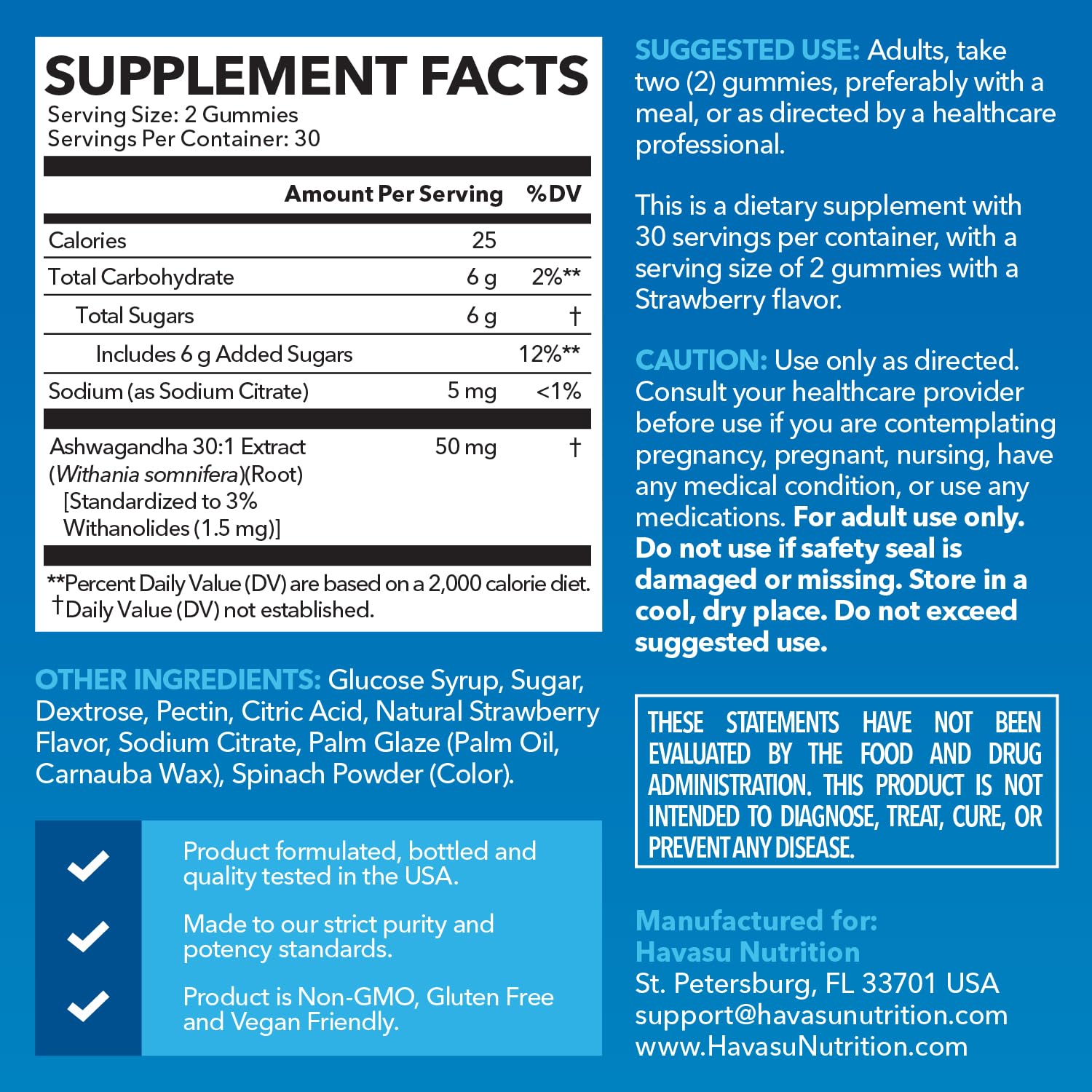 Vegan and Non-GMO Ashwagandha gummy supplement labeling