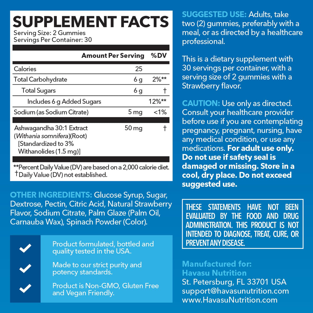 Vegan and Non-GMO Ashwagandha gummy supplement labeling