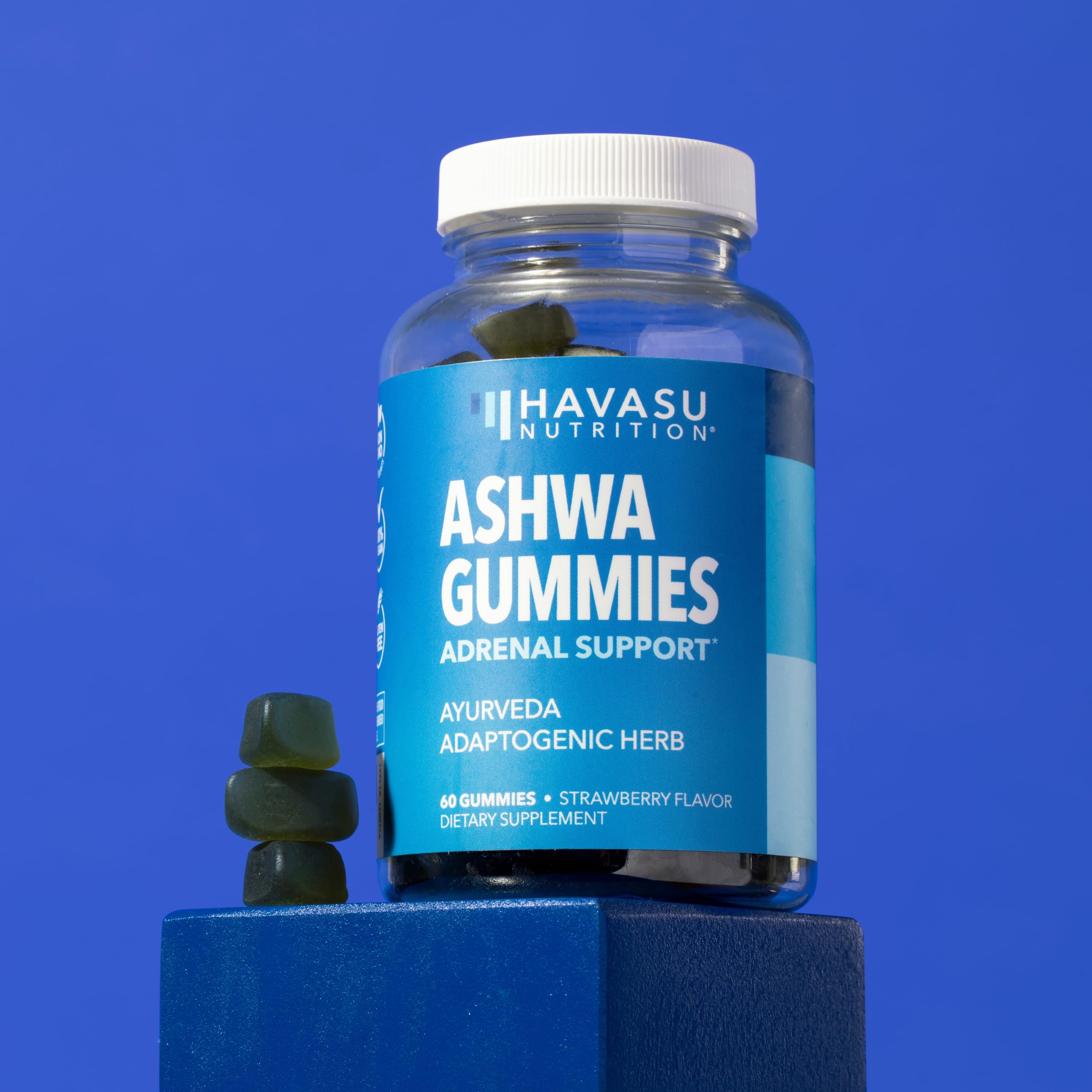 Packaging and product shot of Ashwagandha Gummies strawberry flavor