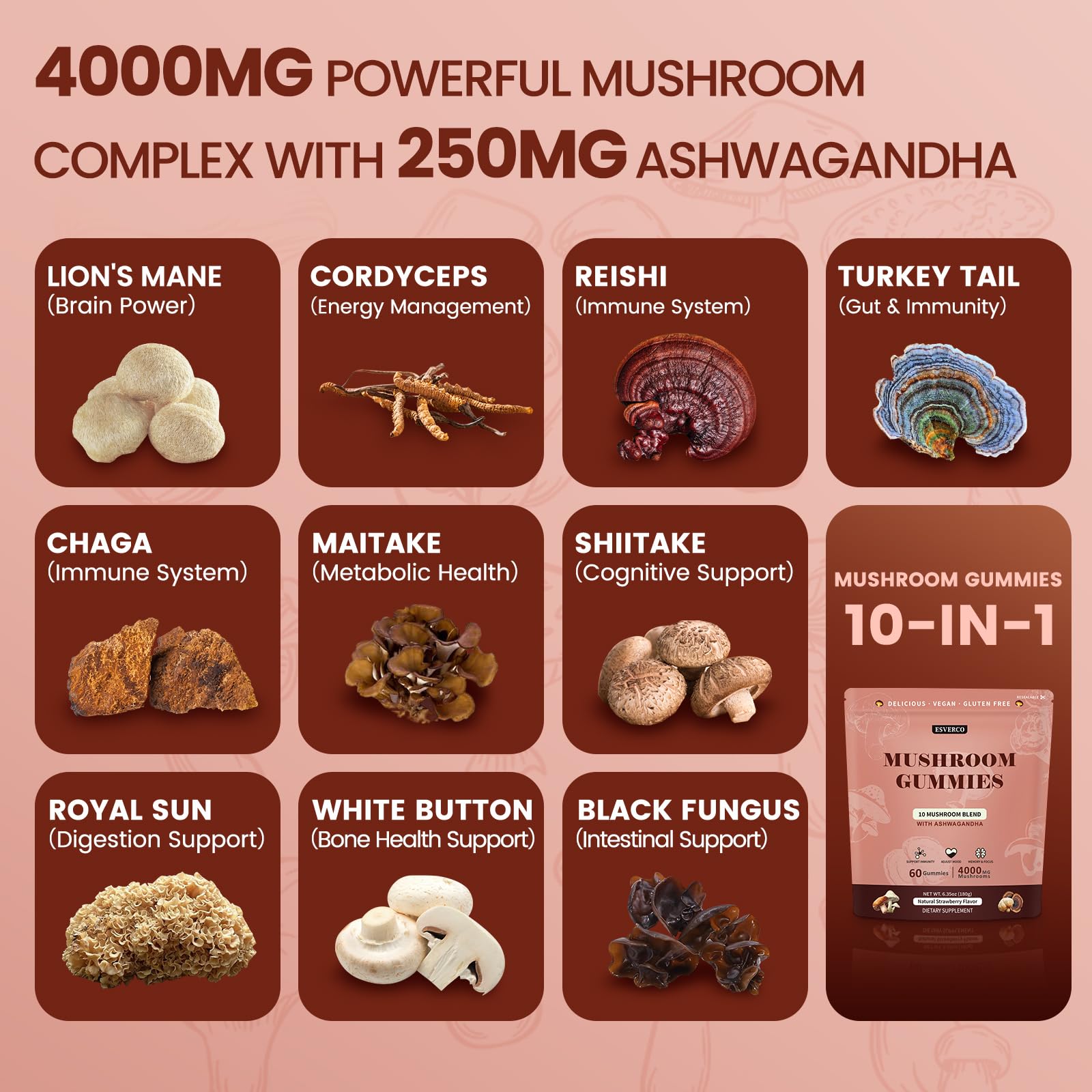 Ashwagandha and mushroom blend for immune support and stress relief