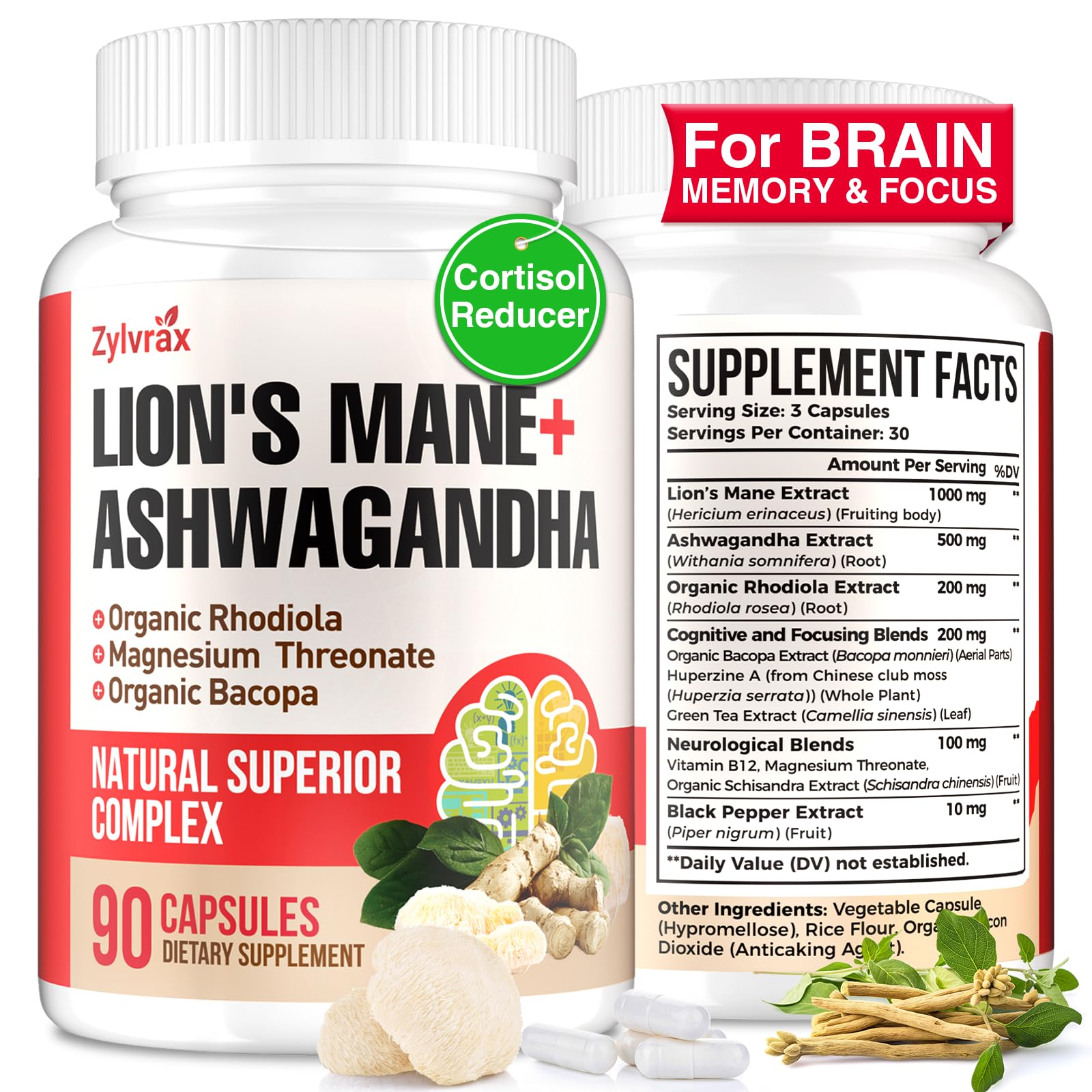 Bottle of Ashwagandha & Lions Mane capsules