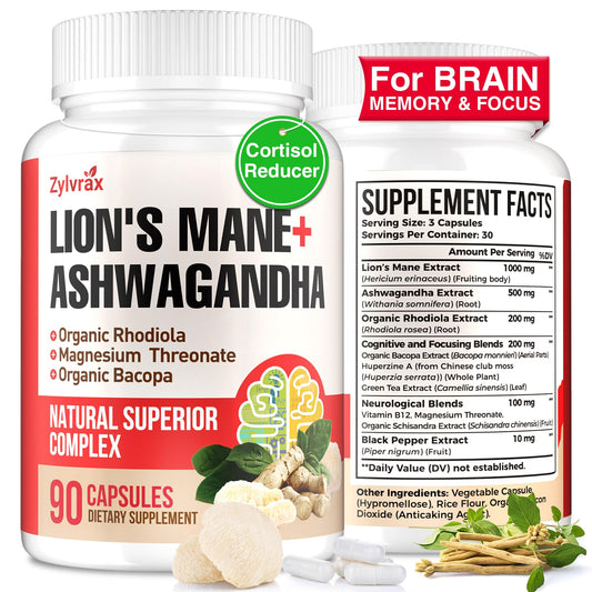 Bottle of Ashwagandha & Lions Mane capsules