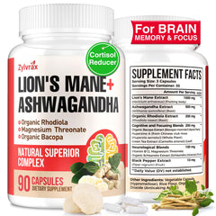 Bottle of Ashwagandha & Lions Mane capsules
