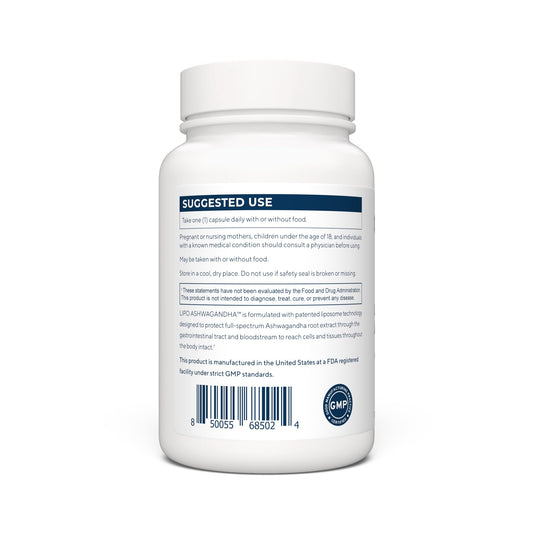Close-up of Liposomal Ashwagandha capsules with label