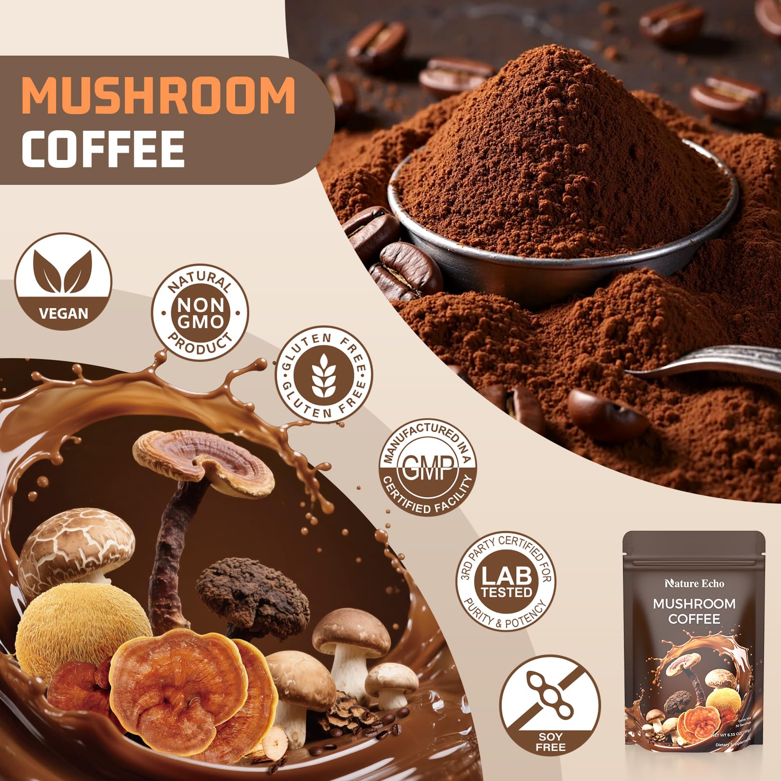 Ashwagandha-infused mushroom coffee serving