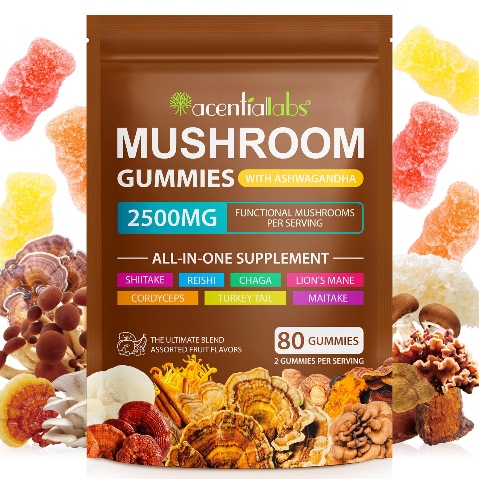 Front view of Ashwagandha Gummies with Super Mushroom Blend bottle - 80 count