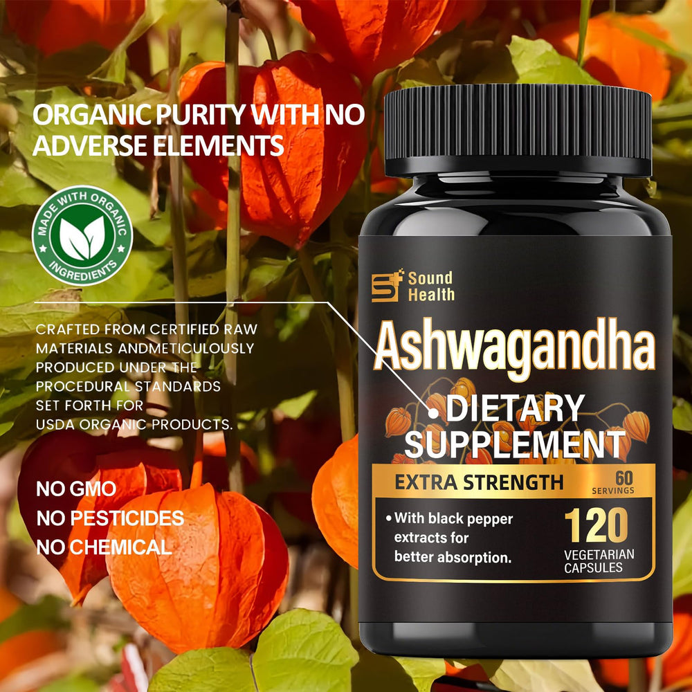 Non-GMO and gluten-free icons on Ashwagandha product