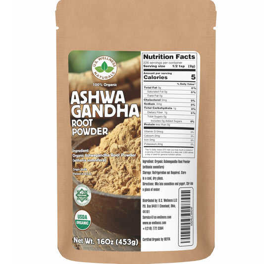 Organic Ashwagandha root powder in a resealable 1 lb bag